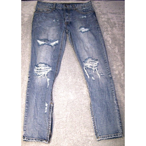 Forever 21 Jeans Men's 32X29 (Tag 33) Skinny Slim Distressed Blue Button Fly - Picture 1 of 16